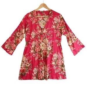 Pink Floral‎ Boho Mini Dress Tunic Womens M Cotton Sheer Gauzy Cottage Cover Up
